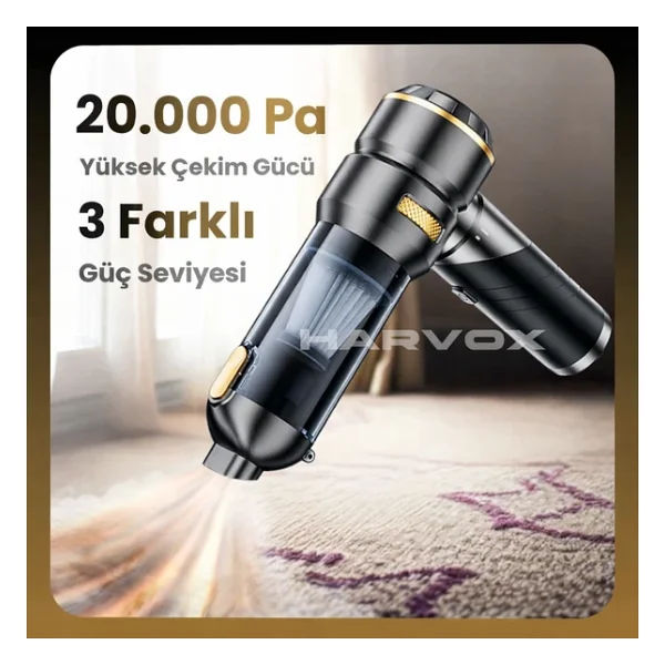 Harvox Hxvc-005 Araç İçi Profesyonel Süpürge 12.000 mAh Çift Bataryalı 20.000pa Güçlü Vakum Ve Üfleme Powerbank Özellikli Süpürge Siyah - Görsel 5