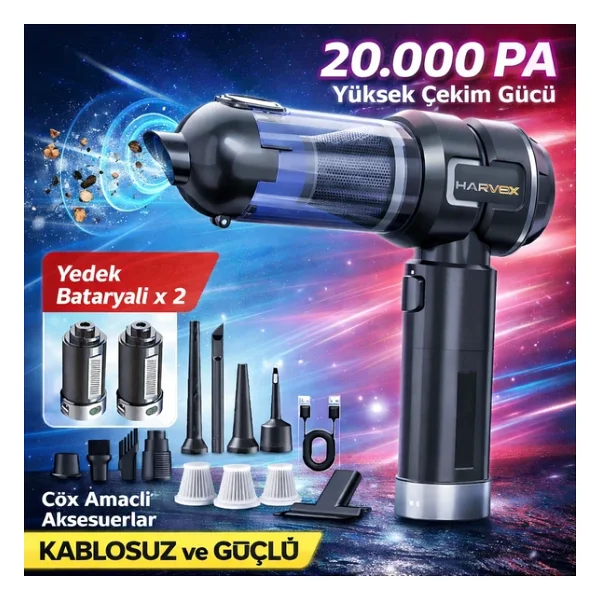 Harvox Hxvc-005 Araç İçi Profesyonel Süpürge 12.000 mAh Çift Bataryalı 20.000pa Güçlü Vakum Ve Üfleme Powerbank Özellikli Süpürge Siyah - Görsel 8
