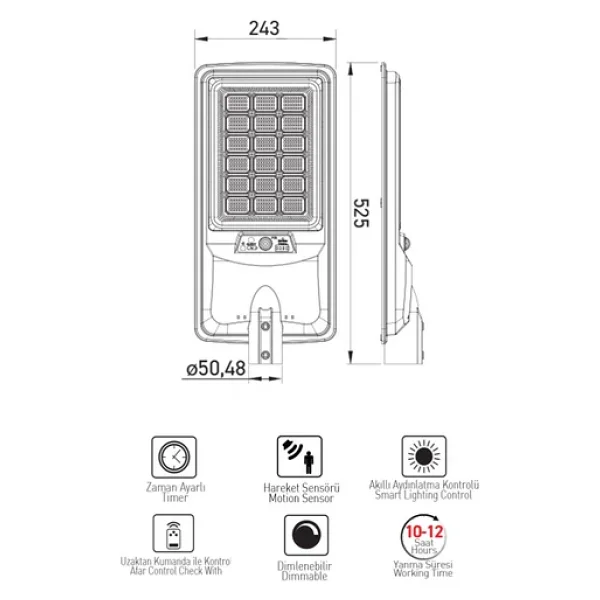 Ack At42-09131 120 W Şarjlı Güneş Enerjili Sokak Armatürü - Görsel 3