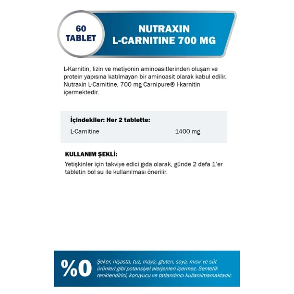 Nutraxin L-Carnitine 700 Mg 60 Tablet 700 Mg L-Karnitin Enerji & Yağ Metabolizması Desteği - Görsel 2