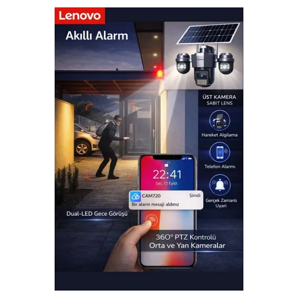 Lenovo G4w19 3 Lensli 4g SIM Kartlı 360° Ptz Solar Güvenlik Kamerası Güneş Panelli Gece Görüşlü Dış Mekan - Görsel 6