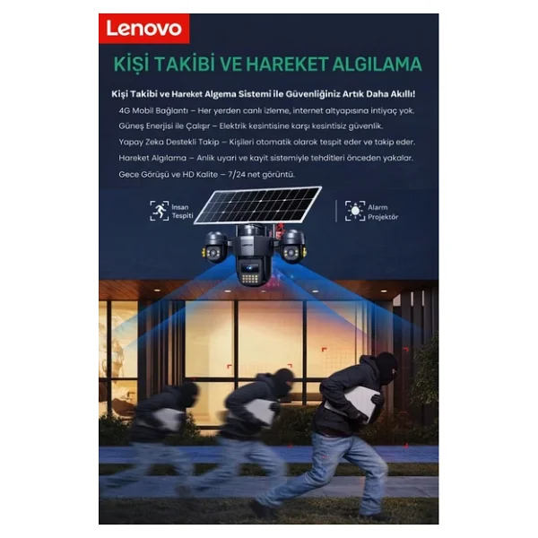 Lenovo G4w19 3 Lensli 4g SIM Kartlı 360° Ptz Solar Güvenlik Kamerası Güneş Panelli Gece Görüşlü Dış Mekan - Görsel 7