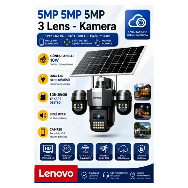 Lenovo G4w19 3 Lensli 4g SIM Kartlı 360° Ptz Solar Güvenlik Kamerası Güneş Panelli Gece Görüşlü Dış Mekan - Görsel 5