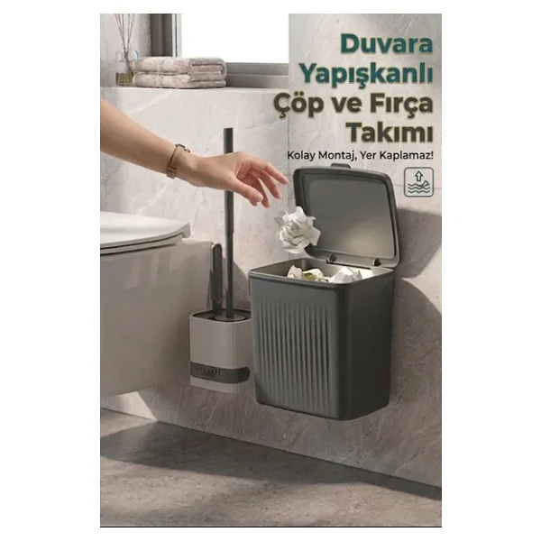 Banyo Çöp Kovası Ve Klozet Fırçası Duvara Yapıştırmalı - Görsel 3