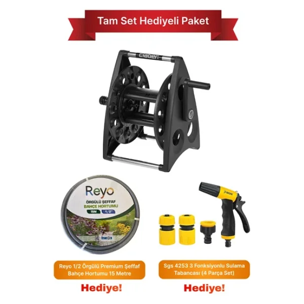Claber 8921 40m Hortum Makarası + 15m Bahçe Hortumu + 3 Fonksiyonlu Sulama Tabancası, Tam Set - Görsel 3