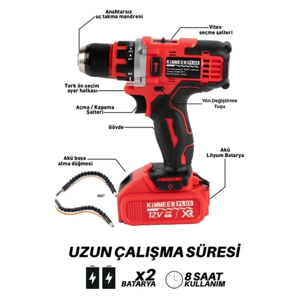 Kimmeer Plus 12v Metal Şanzıman Şarjlı Matkap 24 Parça Akülü Vidalama Akülü Matkap Seti - Görsel 2