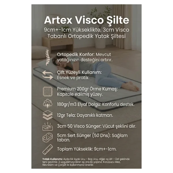 Artex Visco Şilte 90x190 Yer Yatağı Nano 9 +-1cm Cm Ped Yatak Şiltesi Pedi Topper Mattress - Görsel 2