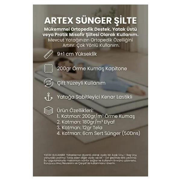 Artex Sünger Şilte 90x190 Yer Yatağı Nano 9 +-1cm Cm Ped Yatak Şiltesi Pedi Topper Mattress - Görsel 2