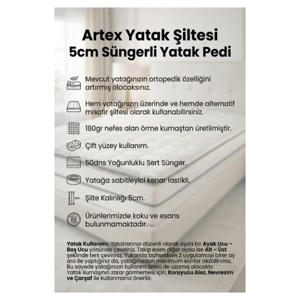 Artex Aloe 5cm Sünger Şilte 160x200 Ped Yatak Şiltesi Pedi Topper Katlanabilir Katlanır Beyaz - Görsel 4