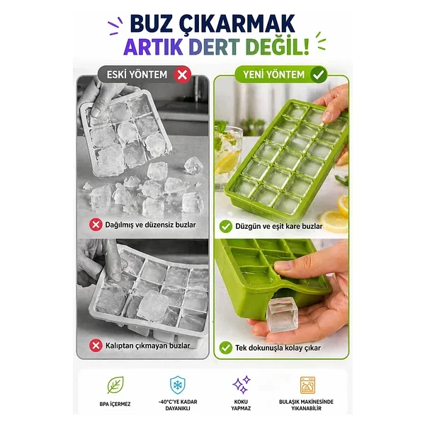 15'li Kare Buz Kalıbı Silikon Esnek Buzluk Kolay Çıkar Bpa'sız Buz Küp Kalıbı - Görsel 4