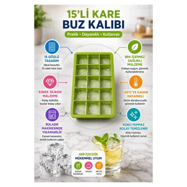 15'li Kare Buz Kalıbı Silikon Esnek Buzluk Kolay Çıkar Bpa'sız Buz Küp Kalıbı - Görsel 5