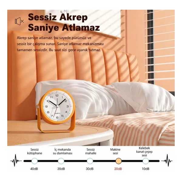 Valkyrie Sessiz Çalışan Mini Masa Saati Akıcı Mekanizma, Gece Işıklı, Şık Dekoratif Sarı - Görsel 10