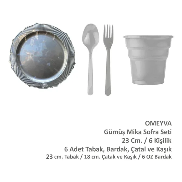 Omeyva 23 Cm. Plastik Mika Gümüş Sorfa Piknik Seti - 6 Kişilik Tabak Bardak Çatal Kaşık Takımı - Görsel 4