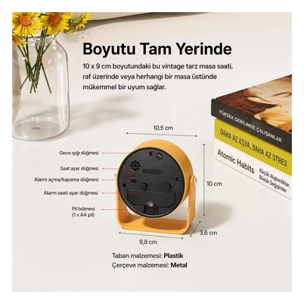 Valkyrie Sessiz Çalışan Mini Masa Saati Akıcı Mekanizma, Gece Işıklı, Şık Dekoratif Sarı - Görsel 6
