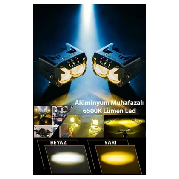 Astra LED 2 Adet LED Spot Işık Ve Sarı Beyaz Projektör Lens 2 Gözlü Dikdörtgen Baykuş LED Off Road Lamba Motosiklet - Görsel 4