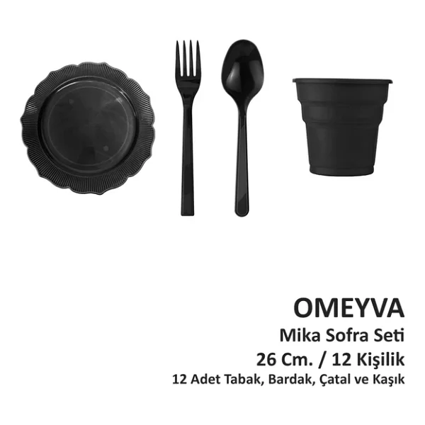 Omeyva Dayanıklı Mika Plastik Siyah Sorfa Piknik Seti - 12 Kişilik Tabak Bardak Çatal Kaşık Takımı - Görsel 4