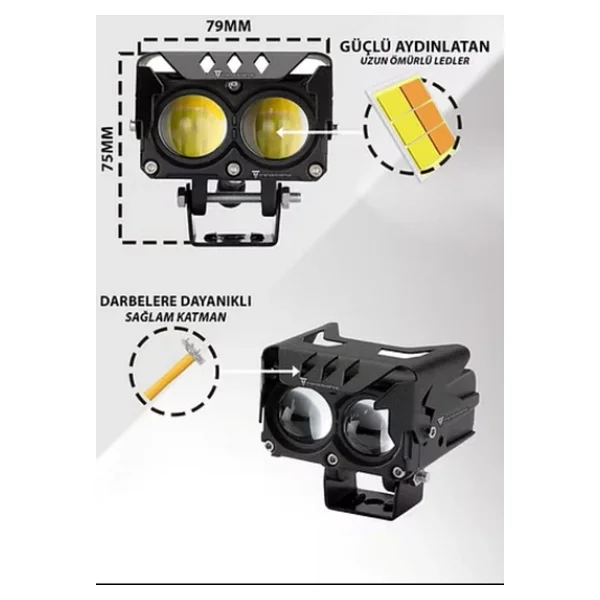 Astra LED 2 Adet LED Spot Işık Ve Sarı Beyaz Projektör Lens 2 Gözlü Dikdörtgen Baykuş LED Off Road Lamba Motosiklet - Görsel 3
