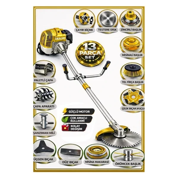 Dragro German Drg-13 + Yan Tipi Benzinli Ot Çalı Çim Biçme Tırpanı + Full Set Hediyeli + Çift Çapa - Görsel 3