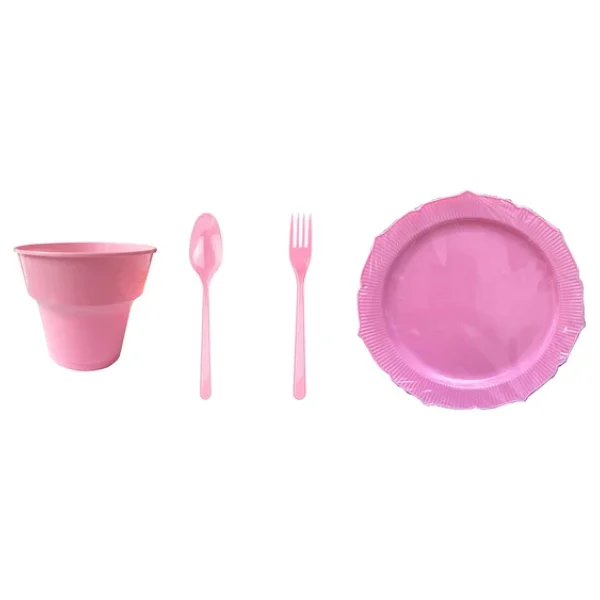 Omeyva 26 Cm. Plastik Mika Pembe Sorfa Piknik Seti - 6 Kişilik Tabak Bardak Çatal Kaşık Takımı - Görsel 3