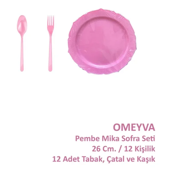 Omeyva 26 Cm. Plastik Mika Pembe Sorfa Piknik Seti - 12 Kişilik Tabak Çatal Kaşık Takımı - Görsel 4