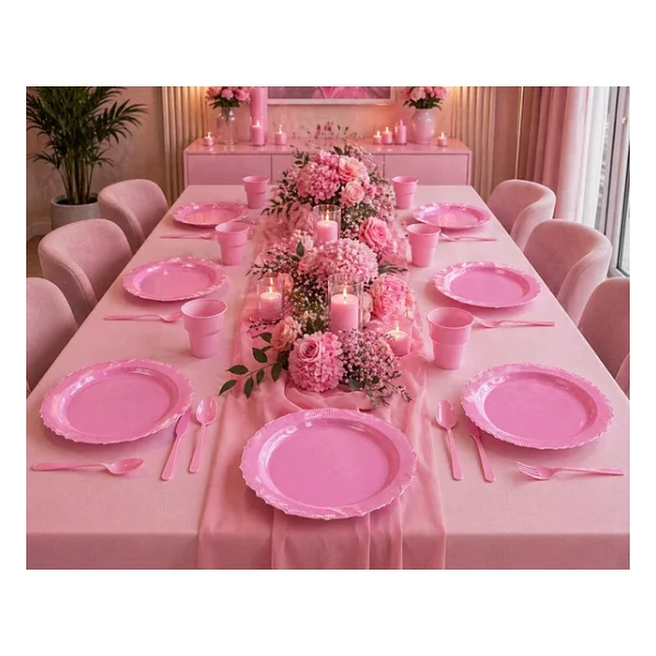 Omeyva 26 Cm. Plastik Mika Pembe Sorfa Piknik Seti - 6 Kişilik Tabak Bardak Çatal Kaşık Takımı - Görsel 8