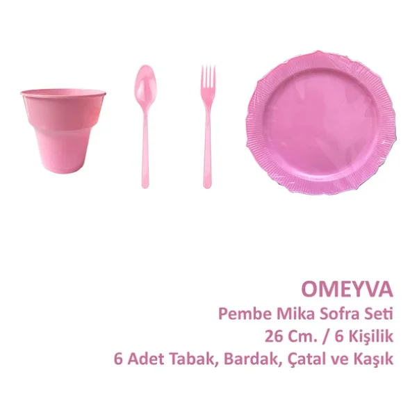 Omeyva 26 Cm. Plastik Mika Pembe Sorfa Piknik Seti - 6 Kişilik Tabak Bardak Çatal Kaşık Takımı - Görsel 4
