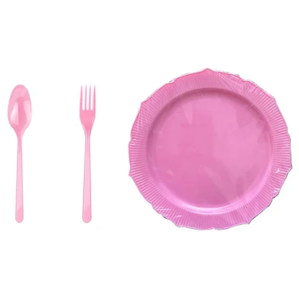 Omeyva 26 Cm. Plastik Mika Pembe Sorfa Piknik Seti - 12 Kişilik Tabak Çatal Kaşık Takımı - Görsel 3