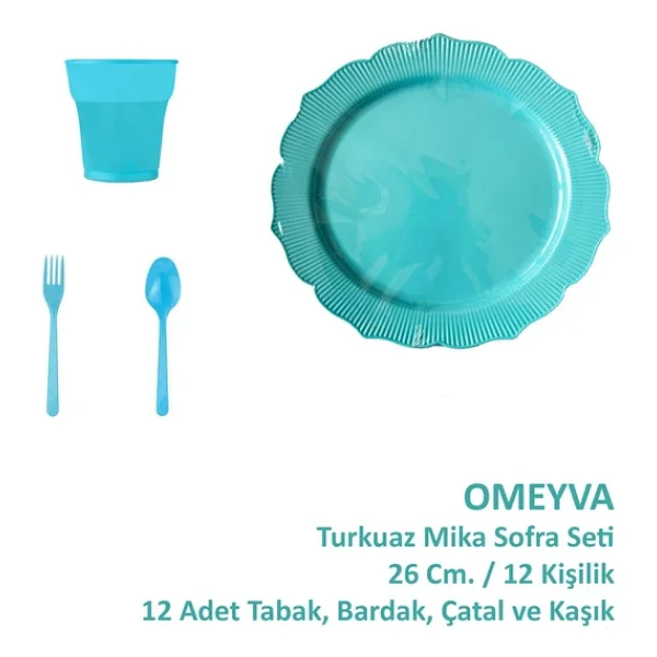 Omeyva 26 Cm. Plastik Mika Turkuaz Sorfa Piknik Seti - 12 Kişilik Tabak Bardak Çatal Kaşık Takımı - Görsel 4