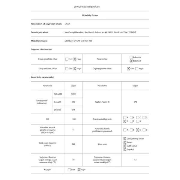 Uğur Ued 8273 Dtk Nf D/S Dgt R65 8 Çekmeceli No Frost Dikey Derin Dondurucu - Görsel 7