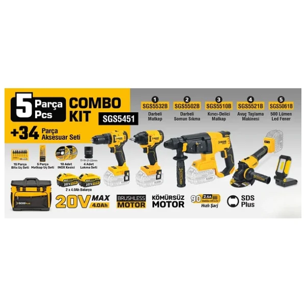 Sgs Combo Set 5 Parça (Darbeli Matkap/Kırıcı-Delici Matkap/Avuç Taslama Makinesi/Darbeli Somun Sıkma/LED Fener) Sgs5451 - Görsel 6