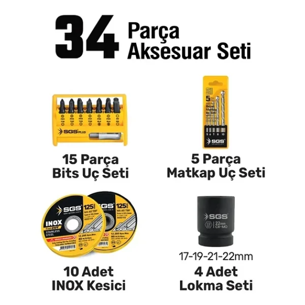 Sgs Combo Set 5 Parça (Darbeli Matkap/Kırıcı-Delici Matkap/Avuç Taslama Makinesi/Darbeli Somun Sıkma/LED Fener) Sgs5451 - Görsel 8