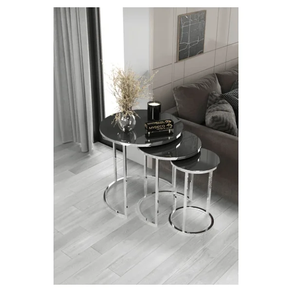Home Plus Mobilya 3'lü Gümüş Ayak Füme Ayna & Bohem Sehpa & Zigon Sehpa & Orta Sehpa & Modern Sehpa Takımı - Görsel 3