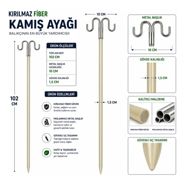 Hedyex Kırılmaz Fiber Kamış Ayağı 102 Cm Çift Başlıklı Olta Tutucu 1 Adet - Görsel 4