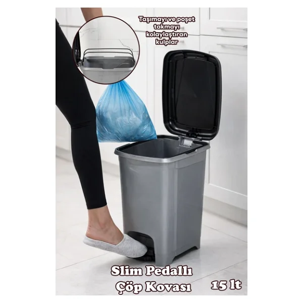 Porsima 0123 Pedallı Metalize Banyo Mutfak Çöp Kovası Siyah Kapaklı Slim Pedallı Çöp Kovası 15 Litre - Görsel 3