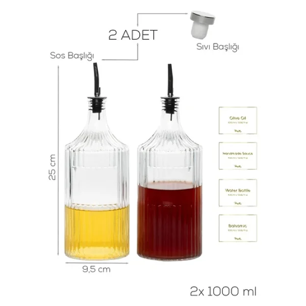 Porsima Viking 18113 2li 1000 Ml Cam Şişe Yağlık Sirkelik Çift Kapaklı Gümüş - Görsel 4