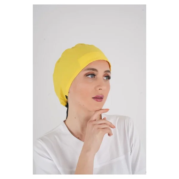 Unisex Düz Sarı Renk Hemşire Cerrahi Bone Doktor Ameliyat Saç Bonesi Sarı - Görsel 5