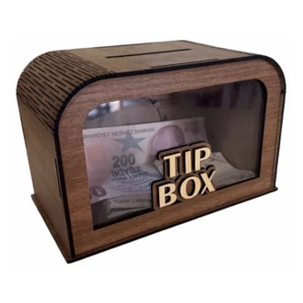 Unt Şeffaf Ön Camlı Lazer Kesim Bahşiş Kutusu (Mdf - Dekoratif) - Ahşap Tip Box Ceviz - Görsel 3