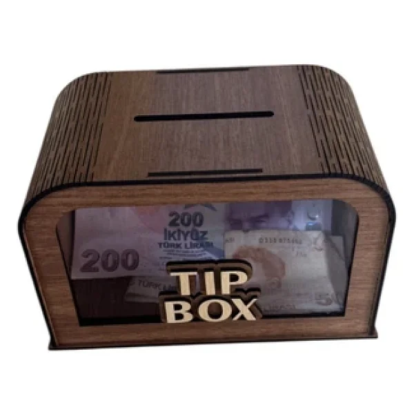 Unt Şeffaf Ön Camlı Lazer Kesim Bahşiş Kutusu (Mdf - Dekoratif) - Ahşap Tip Box Ceviz - Görsel 5