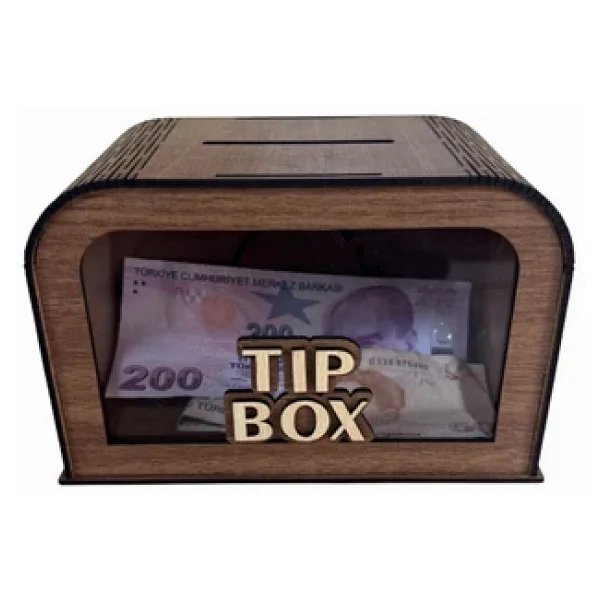 Unt Şeffaf Ön Camlı Lazer Kesim Bahşiş Kutusu (Mdf - Dekoratif) - Ahşap Tip Box Ceviz - Görsel 4