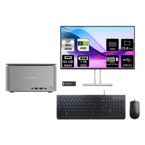 Lenovo Thinkcentre Neo İ9 14900 64gb 1tb SSD Rtx4060/8gb 23.8" FHD Fdos Mini Masaüstü Bilgisayar - Görsel 3