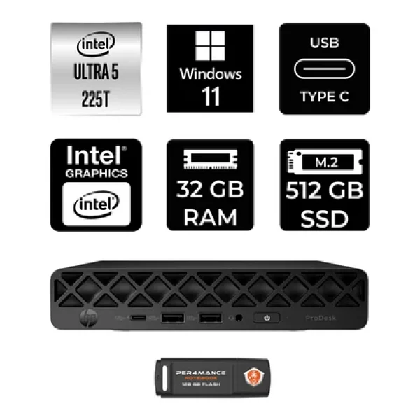 Hp Prodesk 4 Mini G1i Intel Core Ultra 5 225t 32gb 512gb SSD W11p Mini Masaüstü Bilgisayar - Görsel 3
