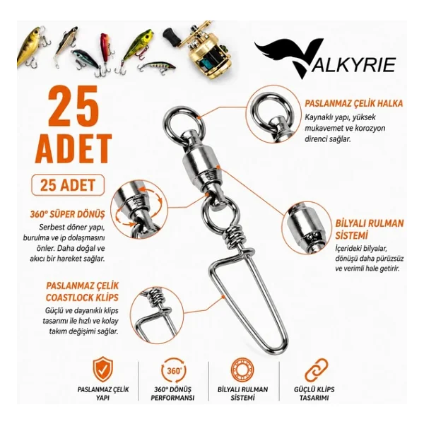 Valkyrie 25 Adet Rulmanlı Döner Klips Coastlock Snap - 360° Paslanmaz Çelik Fırdöndü Set #6 - Görsel 9
