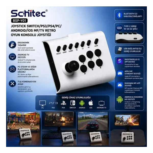 Schitec Bsp-Y01 Joystick N-Switch/PS3/PS4/PC/Android/İos/TV Retro Oyun Konsolu Joystick Beyaz - Görsel 6