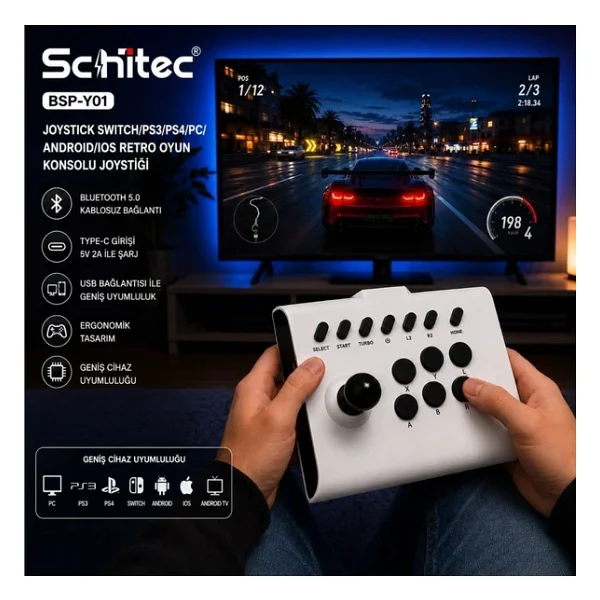 Schitec Bsp-Y01 Joystick N-Switch/PS3/PS4/PC/Android/İos/TV Retro Oyun Konsolu Joystick Beyaz - Görsel 7
