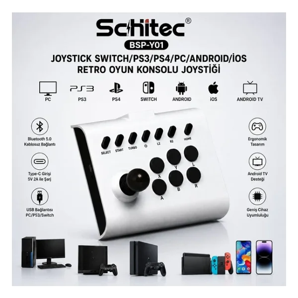 Schitec Bsp-Y01 Joystick N-Switch/PS3/PS4/PC/Android/İos/TV Retro Oyun Konsolu Joystick Beyaz - Görsel 5