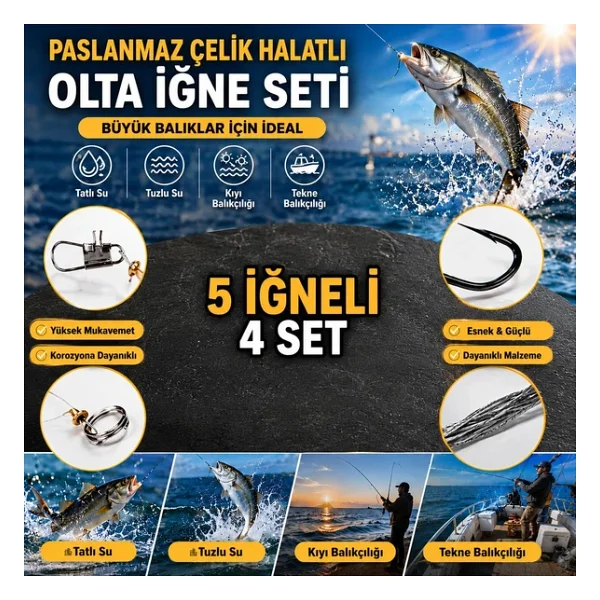 Valkyrie 5 İğneli Paslanmaz Çelik Halatlı Dip Hırsız Olta Takımı 4'lü Set 10# Karbon Çelik İğne - Görsel 7