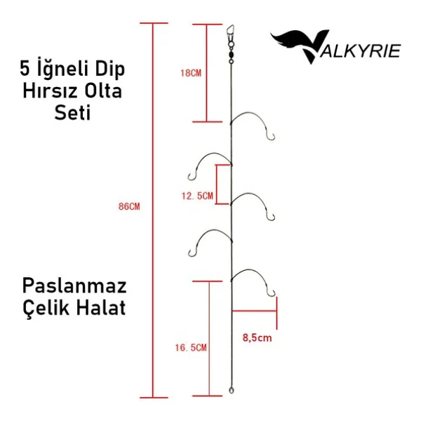 Valkyrie 5 İğneli Paslanmaz Çelik Halatlı Dip Hırsız Olta Takımı 4'lü Set 10# Karbon Çelik İğne - Görsel 4