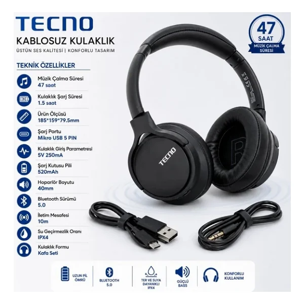 Tecno Nightingale N1 Kulak Üstü Bluetooth Kulaklık - Görsel 4