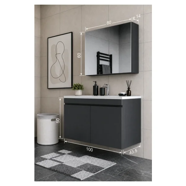 Teta Home Tokyo 100 Cm Mdf Banyo Dolabı Seti Antrasit - Görsel 5