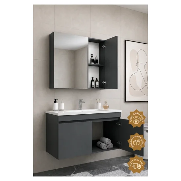 Teta Home Tokyo 100 Cm Mdf Banyo Dolabı Seti Antrasit - Görsel 2